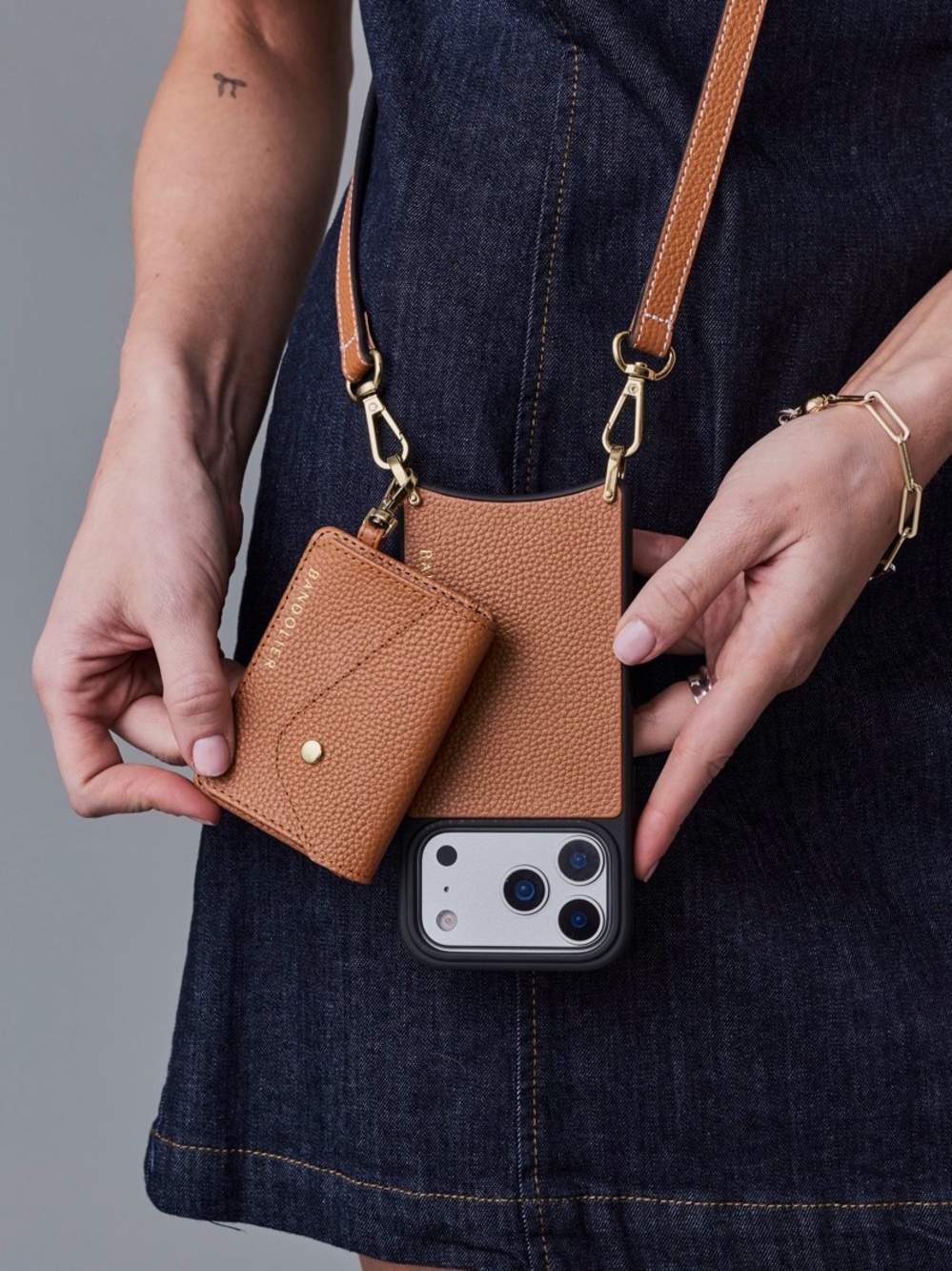 Bandolier Saddle Brown/Gold Leather Crossbody Phone Case with Card Pouch